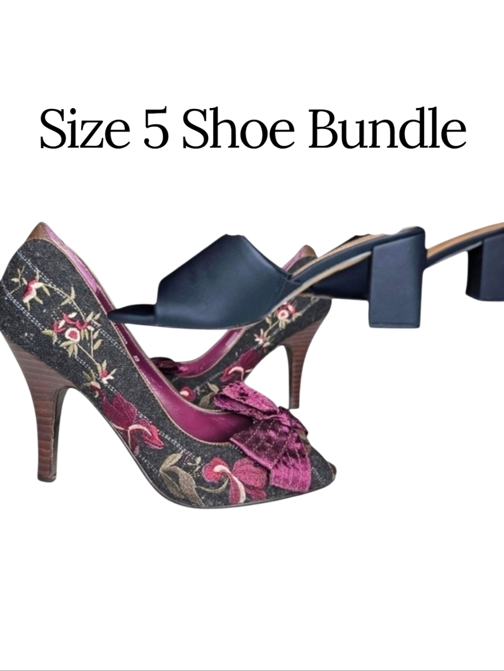 Size 5 Shoe Bundle - Grey Pinstripe Floral Embroidered Heels and Black Mules